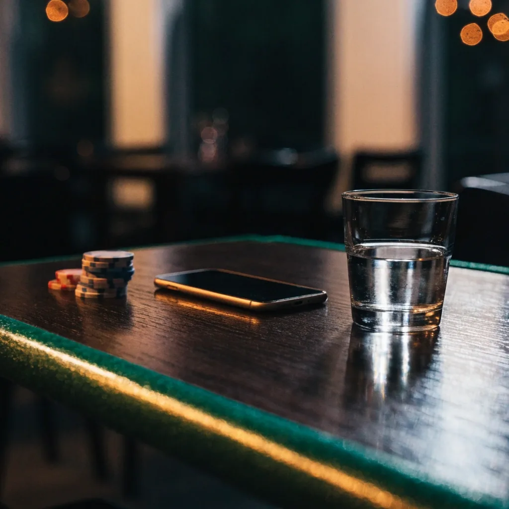 Ciemny stół restauracyjny z telefonem odwróconym ekranem do dołu obok żetonów