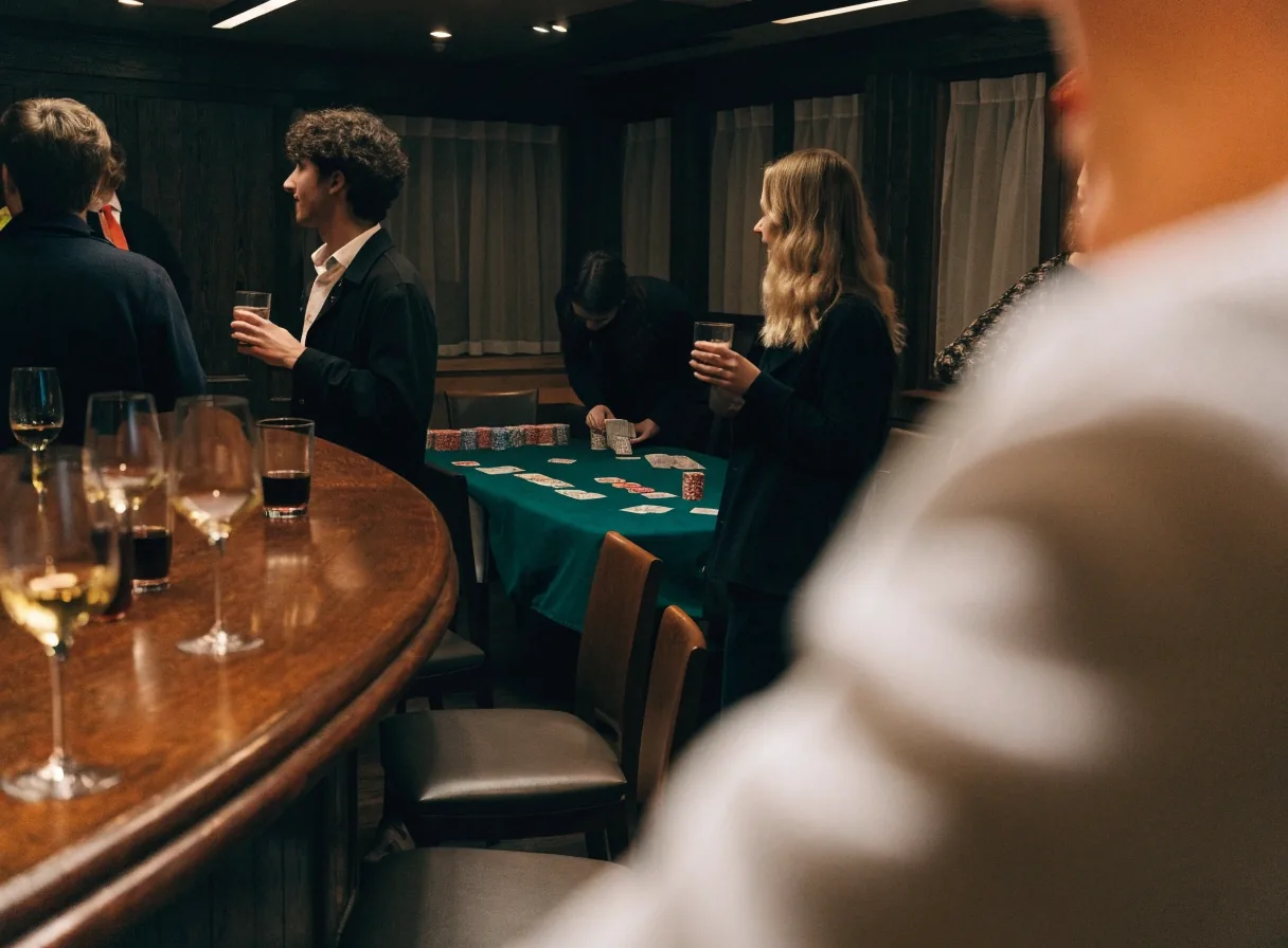Spotkanie integracyjne w prywatnej części restauracji, rozmowy przy stoliku i stół pokerowy w tle