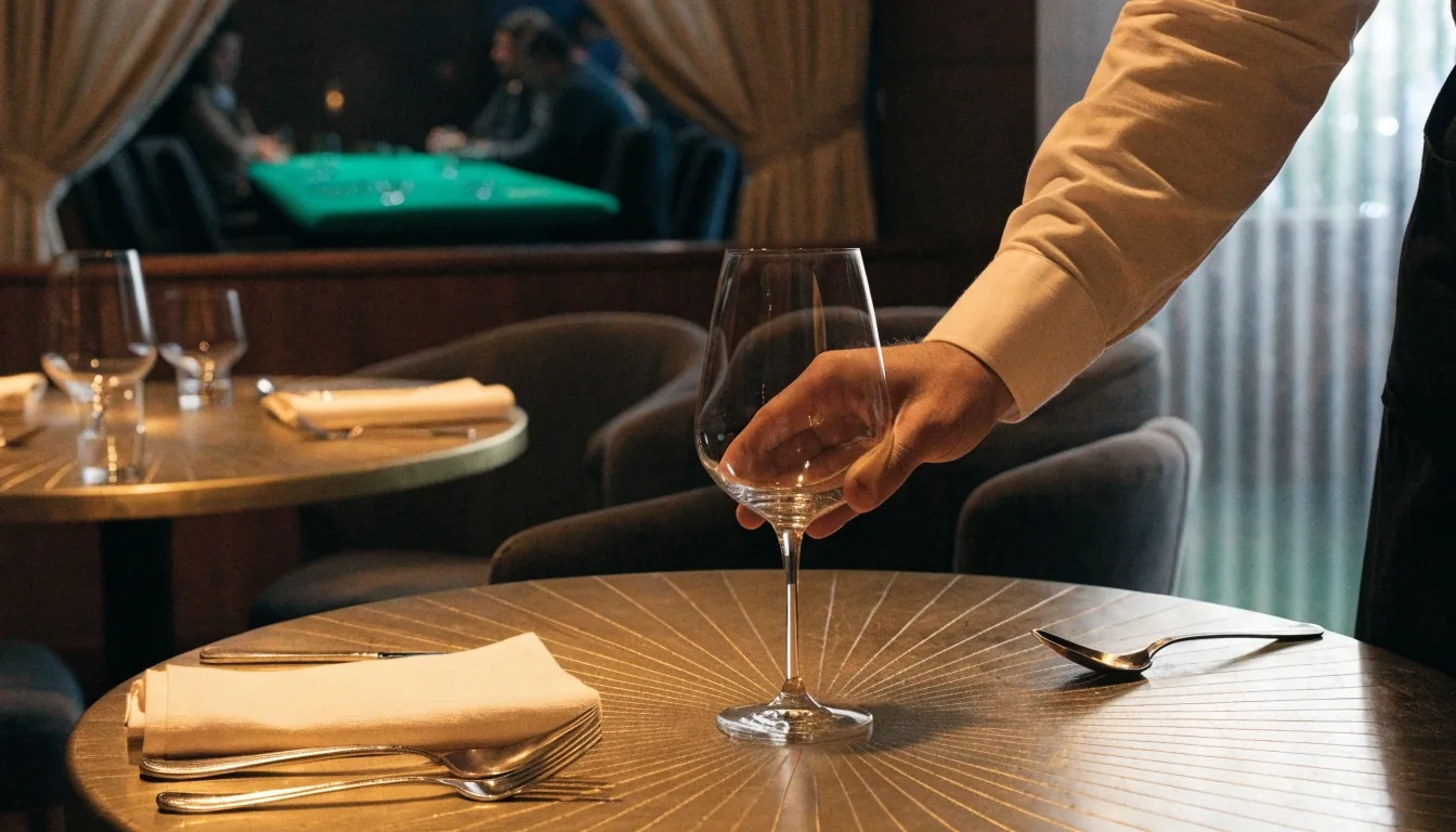 Wydzielona część restauracji z własnym układem stołów, w głębi stół pokerowy