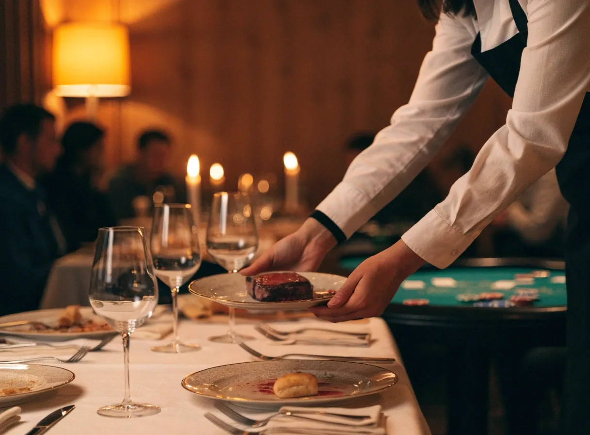 Sala restauracyjna Domu Smolna pod koniec wieczoru ze świecą i pustymi filiżankami na stole