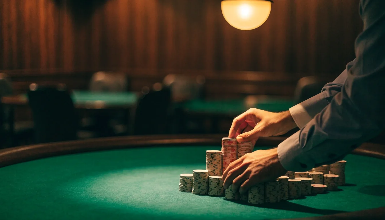 Stół pokerowy z żetonami i skierowanym światłem nad blatem