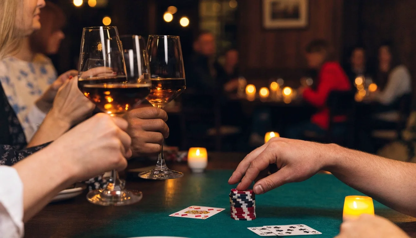Wieczorna sala Dom Smolna: nakryty stół restauracyjny i stolik pokerowy z żetonami kilka kroków dalej