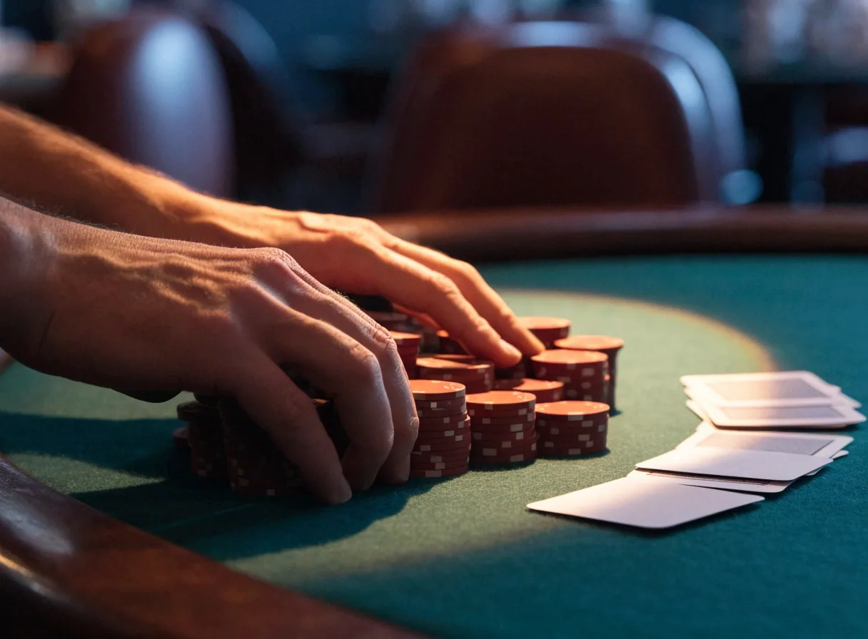 Profesjonalny stół pokerowy z sukiennym blatem, żetonami i kartami w sali Dom Smolna