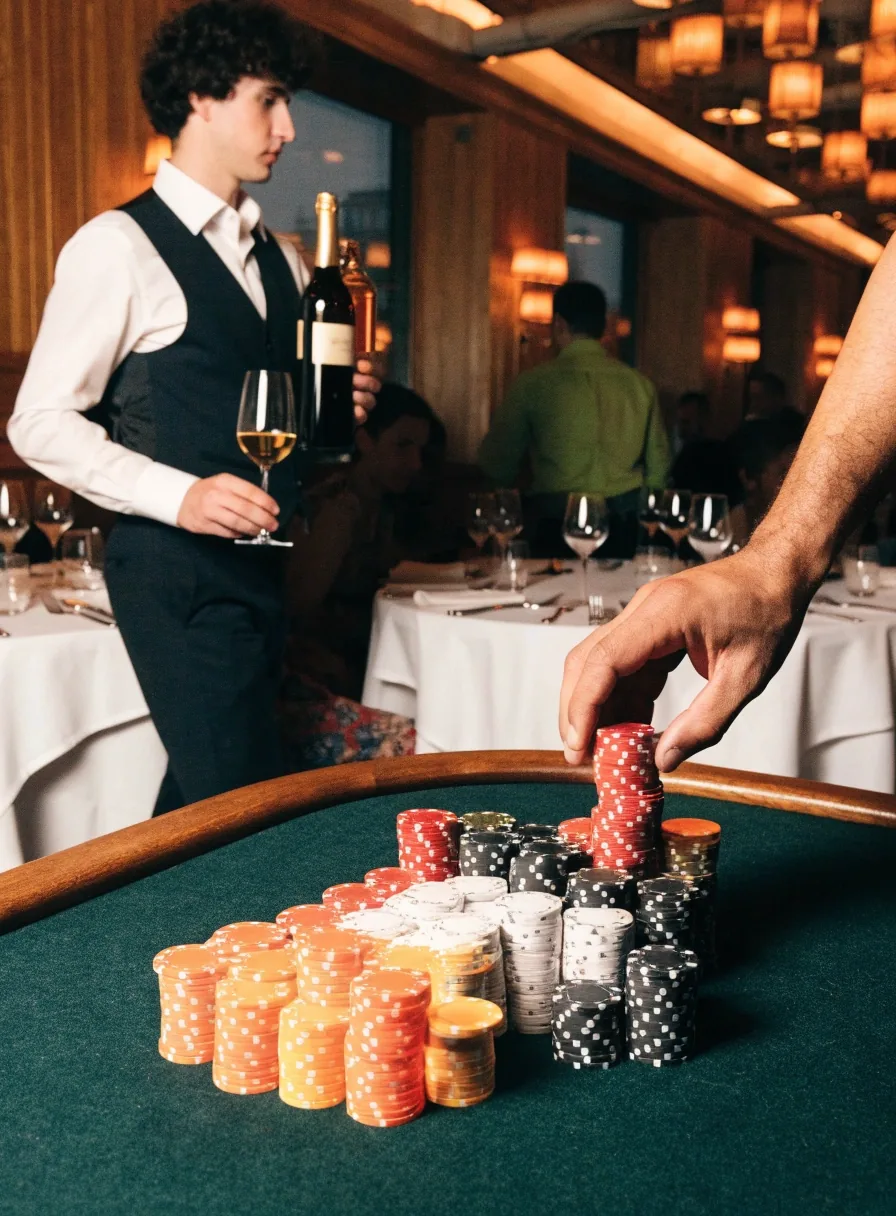 Prywatny stół pokerowy z żetonami i zastawionym stolikiem obok, przygotowany dla zamkniętej grupy