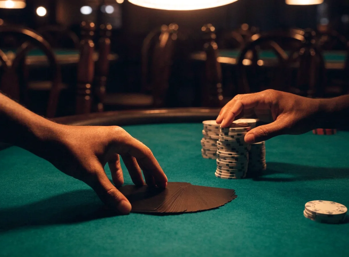 Sala pokerowa po zakończeniu wieczoru, z żetonami i kartami na oświetlonym blacie