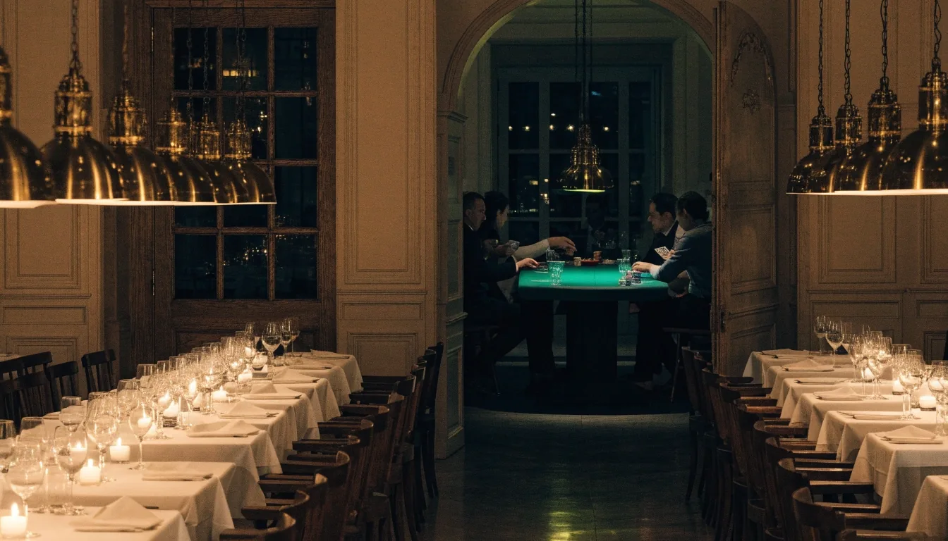 Wieczorna sala restauracji z widokiem na stół pokerowy w głębi