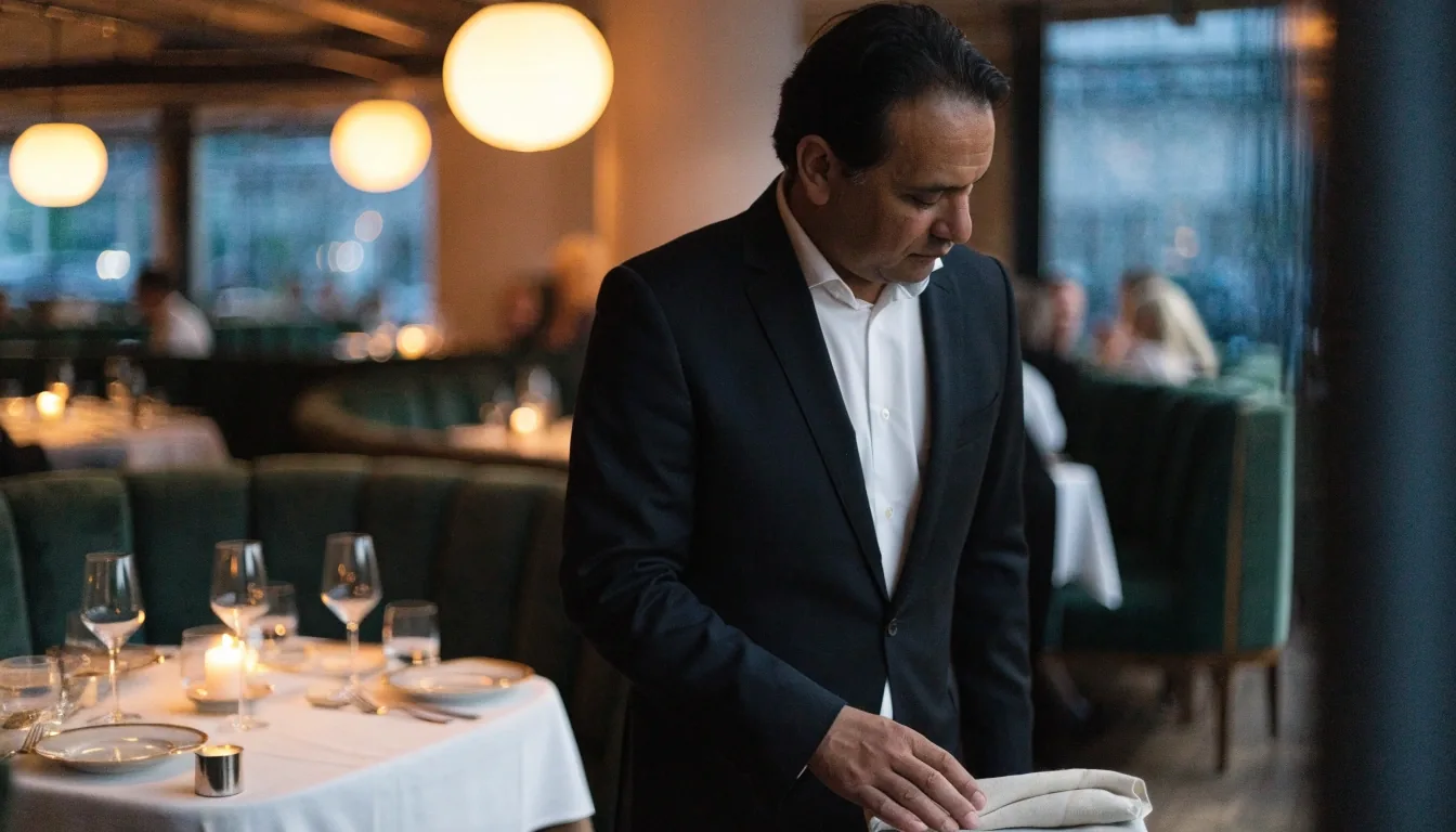 Sala restauracyjna Dom Smolnej wieczorem, z nakrytymi stolikami i podświetlonym wejściem