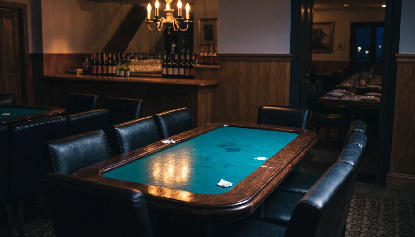 Sala pokerowa po zakończeniu wieczoru, przygaszone światło nad kontuarem