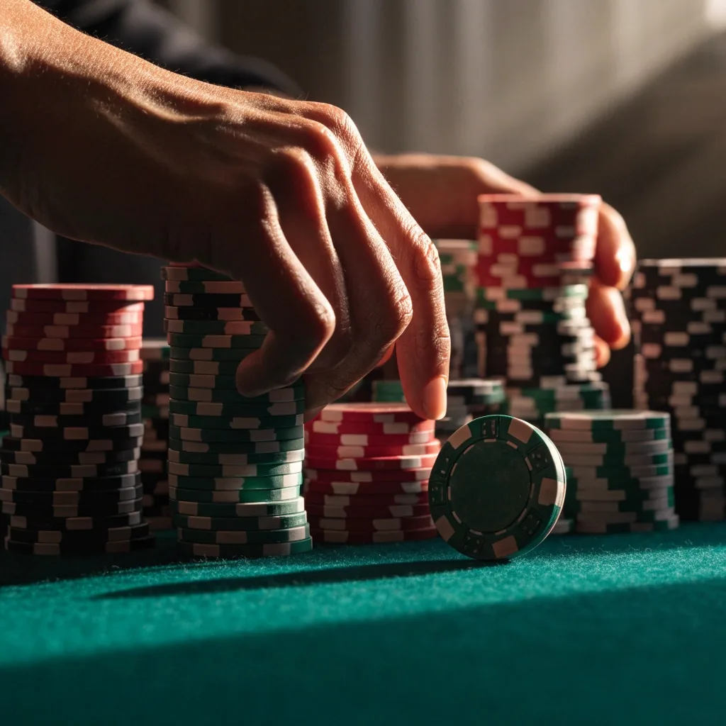 Zbliżenie na stosy żetonów pokerowych w kilku kolorach ułożonych na zielonym suknie stołu