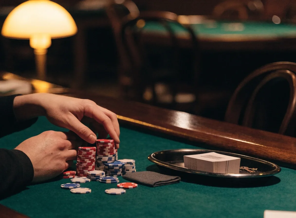 Zielone sukno stołu pokerowego z ułożonymi stosami żetonów i dwiema zakrytymi kartami w ciepłym świetle lampy